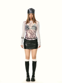 See-through Mesh Slim Fit Long Sleeve Plaid Underwear T-shirt Top