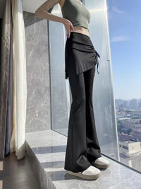 Womens Solid-Color Mock Two-Piece Cropped Flare Pants With Drawstring