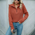 Customizable Zippered POLO Sweater With Large Lapel And Textured Knit Pullover
