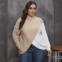 Contrast-color Patchwork Crossover Woven Sweater Mock-neck Pullover