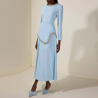 Rhinestone-Embellished Long-Sleeve Waist-Cinching High-Waist Skirt Set