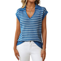 Women's V-neck Knitted Top Casual Striped Collar Sweater