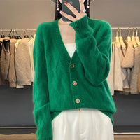 Knitted Wool Cardigan Women's V-neck Solid Color Baggy Coat