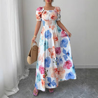 Puff-sleeve High-waist Cinched-waist Printed Maxi Slip Dress For Women