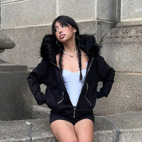Black Zipper Divided Print Fleece Hooded Sweatshirt
