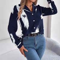 European And American-style Chic Contrast-striped Blazer-collar Long-sleeve Shirt