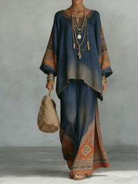 Women's Fashionable Printed Crew-Neck Casual Long-Sleeve Set