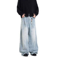 Retro Side Double Oblique Pleated Washed Blue Jeans For Men And Women
