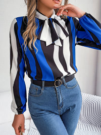 Women's Elegant Color Block Stripe Tie Waist Lantern Sleeve Chiffon Top