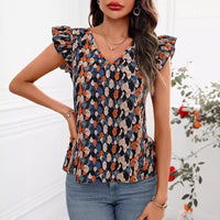 New European And American-style Printed V-neck Short-sleeve Womens Top