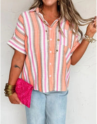 Personalized Striped Print Short-sleeve Summer Blouse For Women