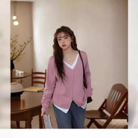 Plus-size V-neck Faux Two-piece Asymmetrical Slant-knit Sweater