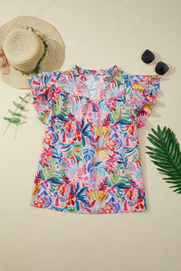 Womens Chiffon Blouse With Ruffled Sleeves And A Printed Design