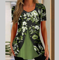 Summer New Women's Round Neck Printed Fake Two Pieces Short Sleeve Shawl Pullover T-shirt Tops
