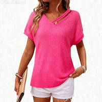 Waffle-knit Short-sleeve V-neck Women's Fashion Casual