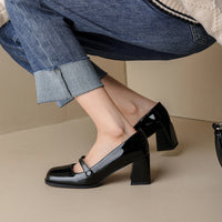 Women's Retro Minority Design Fashion Tie Square Toe High Heels Mary Jane Shoes