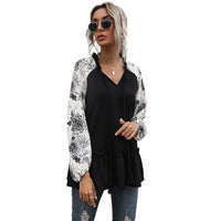 European And American Casual Top Loose-fit Patchwork Long-sleeve V-neck