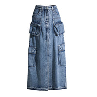 Personalized Trendy Skirt Womens High-Waisted Long Patchwork Denim Skirt With Multiple Pockets