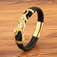 Gold And Steel-Colored Leopard-Pattern Dragon Pi Xiu Stainless Steel Leather Magnetic-Clasp Mens Bracelet