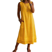 Women's Fashion Casual Cotton-Linen Crew-Neck Sleeveless Dress