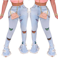 Fashion Butterfly Embroidered Ruffled Hole Denim Trousers