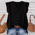 Solid-color V-neck Buttoned Flutter-sleeve Blouse For Women
