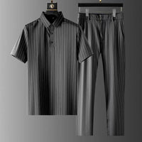 Men's Ice Silk Stripes Casual Short Sleeve Trousers Suit