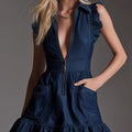 Fashionable Ruffled Sleeveless Denim Dress For Women