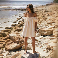 Solid-color Short-sleeve Loose-fit Pleated Square-neck Cotton Dress