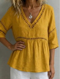 Solid-color V-neck Hollow-out Casual Fringed Top