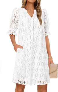 SpringSummer V Neck Pleated Collar Hollow Out Floral Lace Dress