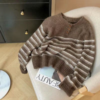 Women's Horn Button Striped Loose Preppy Style Sweater