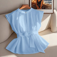 Classic Elegant Solid Color Sleeveless Belted Pleated Shirt