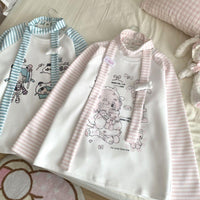 Sweet Girl Kitten  Striped Round Neck Fleece-lined Sweater