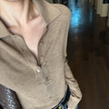 Khaki Polo-neck Fitted Womens Knit Top