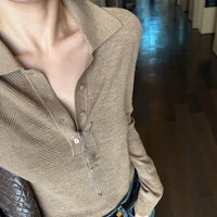 Khaki Polo-neck Fitted Womens Knit Top