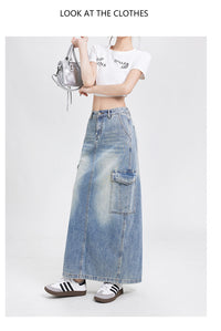 Women's A- Line Denim Skirt Fashion Wash Long Skirt