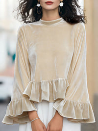 Womens Solid-Color Long-Sleeve Crew-Neck Ruffle-Trim Sweatshirt Top