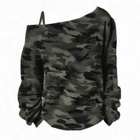Plus-size Women's Solid-color Off-shoulder Long-sleeve T-shirt