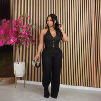Solid-color V-neck Halter Blazer Vest And Pants Set