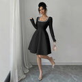 Square-neck Waist-cinched Black Long-sleeve Princess Dress