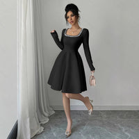 Square-neck Waist-cinched Black Long-sleeve Princess Dress