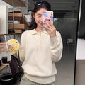 Korean-Style Youthful Embroidered Polo-Neck Knit Top
