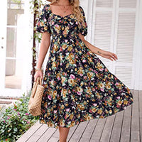 Digital-Print Bohemian Floral Patchwork Mid-to-High-Waist Dress