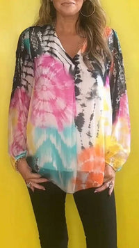 Casual Tie-dye Printing Multicolor V-neck Shirt