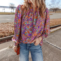 Floral Print Chiffon Blouse Womens Ruffle Hem Pullover Top