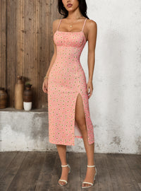 Summer Fashion Printed Strap Pleated Slit Dress Womens Wear