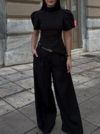 Black Turtleneck Puff Sleeve Waist-Cinched Top & High Waist Wide-Leg Pants Set