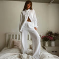 New Womens Double-Layer Crepe Long-Sleeve Shirt Set