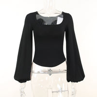 Casual Top Versatile Lantern Long Sleeve Square Collar Slimming Solid Color T-shirt